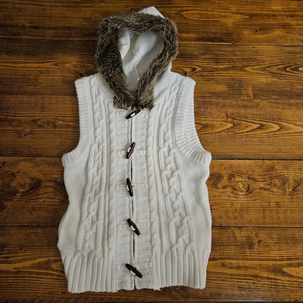 Red Camel Women's Hooded Cable Knit Sweater Vest Size‎ M Ivory White Faux Fur